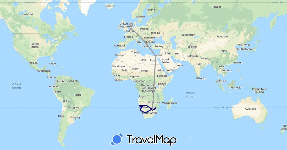 TravelMap itinerary: driving, plane in Botswana, Egypt, Namibia, Netherlands, South Africa (Africa, Europe)